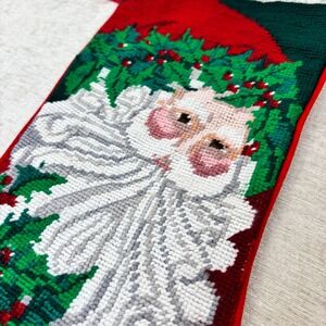 Vintage 90s Cross Stitch Needlepoint Stocking Santa Holly NOEL Red Green 19 in